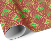 Gold- und grüne Art Deco-Muster auf Rot Geschenkpapier (Rolleneckpunkt)