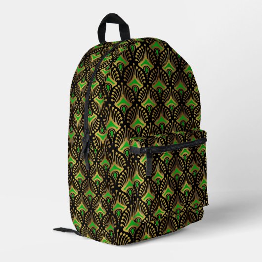 Gold und grüne Art-Deco-Muster auf schwarz Bedruckter Rucksack (Rückseitige Ecke links)