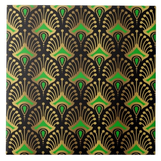 Gold und grüne Art-Deco-Muster auf schwarz Fliese (Vorderseite)