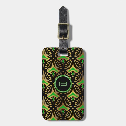 Gold und grüne Art-Deco-Muster auf schwarz Gepäckanhänger (Vorderseite vertikal)