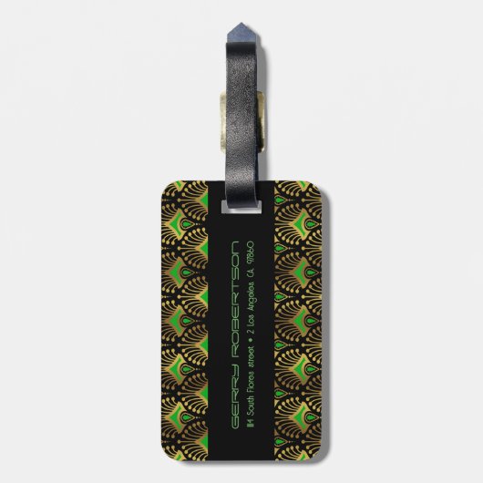 Gold und grüne Art-Deco-Muster auf schwarz Gepäckanhänger (Rückseite vertikal)