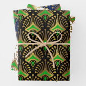 Gold und grüne Art-Deco-Muster auf schwarz Geschenkpapier Set (Beispiel)