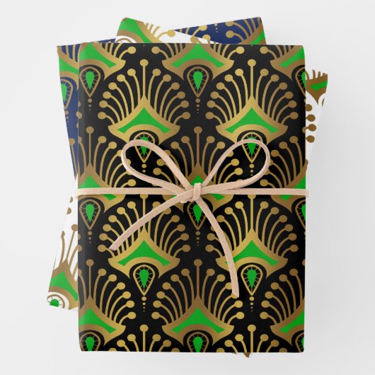 Gold und grüne Art-Deco-Muster auf schwarz Geschenkpapier Set (Beispiel)