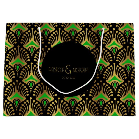 Gold und grüne Art-Deco-Muster auf schwarz Große Geschenktüte (Vorderseite)