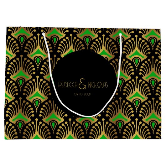 Gold und grüne Art-Deco-Muster auf schwarz Große Geschenktüte (Rückseite)