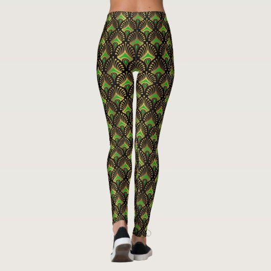 Gold und grüne Art-Deco-Muster auf schwarz Leggings (Rückseite)