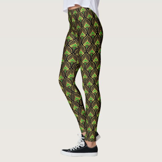 Gold und grüne Art-Deco-Muster auf schwarz Leggings (Links)