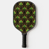 Gold und grüne Art-Deco-Muster auf schwarz Pickleball Schläger (Rückseite)