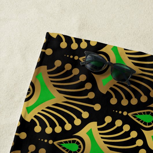 Gold und grüne Art-Deco-Muster auf schwarz Strandtuch (Beispiel)