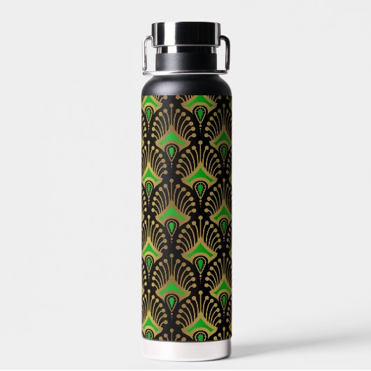 Gold und grüne Art-Deco-Muster auf schwarz Trinkflasche (Rückseite)
