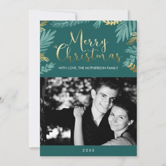 Gold und grüne Blätter Frohe Weihnachten Foto (Vorderseite)