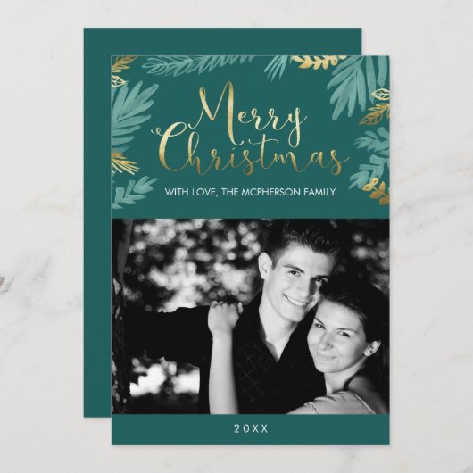 Gold und grüne Blätter Frohe Weihnachten Foto (Vorne/Hinten)