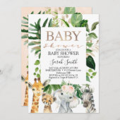 Gold und grüne Blätter GIrls Safari Baby Dusche Einladung (Vorne/Hinten)