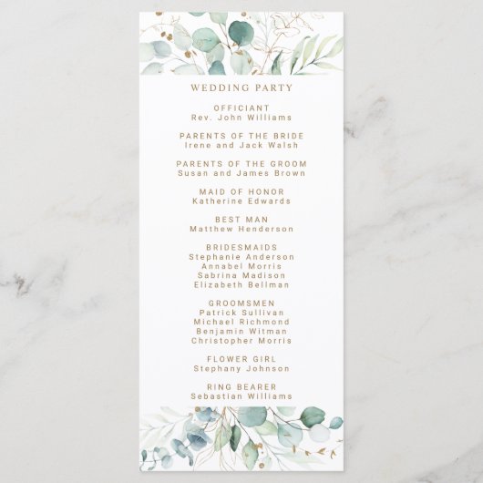 Gold- und Grüne Botanische Hochzeit Programm (Rückseite)