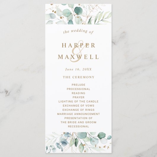 Gold- und Grüne Botanische Hochzeit Programm (Vorderseite)