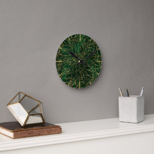 Gold- und Grüne Dahlienblume Runde Wanduhr