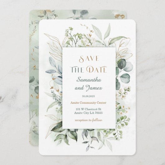 Gold- und Grüne Save the Date Einladung (Vorne/Hinten)