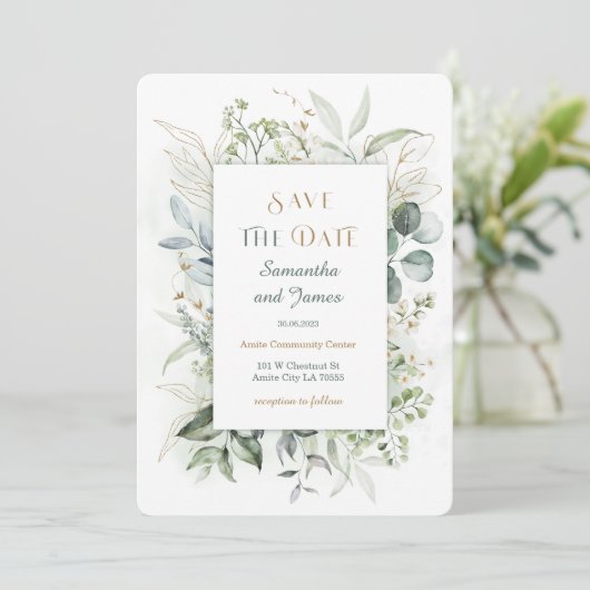 Gold- und Grüne Save the Date Einladung (Stehend Vorderseite)