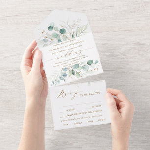 Gold- und grüne Wasserfarbe-Botanische Hochzeit Al All In One Einladung
