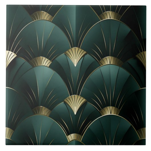 Gold und grüner Lüfter, Art Deco, Metallic-Stil Fliese (Vorderseite)