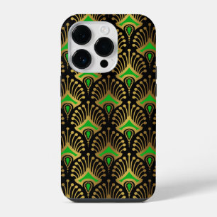 Gold- und grünes Art Deco-Muster auf Schwarz iPhone 14 Pro Hülle