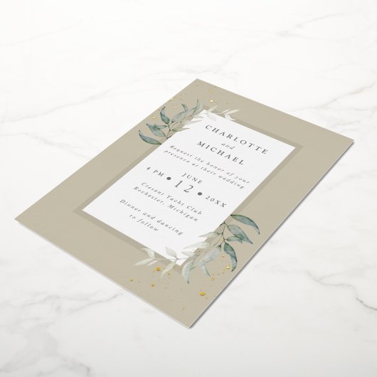Gold und Grüntöne Aquarell Blätter Hochzeit Folieneinladung (Gedreht)