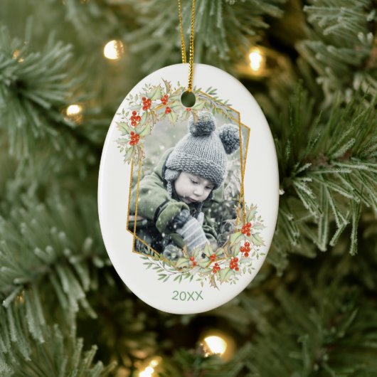 Gold und Holly | Geometrisches Foto Keramik Ornament (Baum)