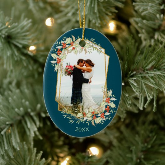 Gold und Holly | Geometrisches Foto Keramik Ornament (Baum)