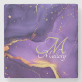 Gold und Lila Agate 💜 ✨ elegante Script Monogram Steinuntersetzer (Vorderseite)