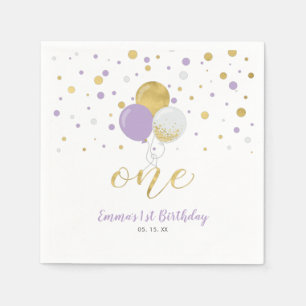 Gold- und lila Ballons, Konfetti-Mädchen 1. Geburt Serviette