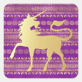 Gold und Lila Bohemisches Muster & Einhorn Quadratischer Aufkleber