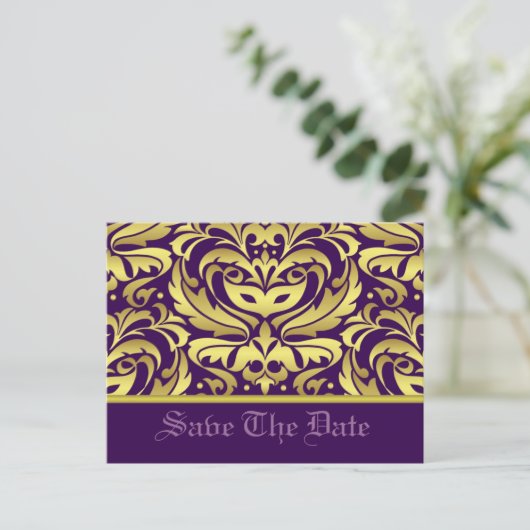 Gold und Lila Damaskus Save the Date Postkarte (Stehend Vorderseite)