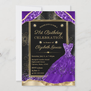 Gold- und Lila Glitter-Kleid 21. Geburtstag Einladung