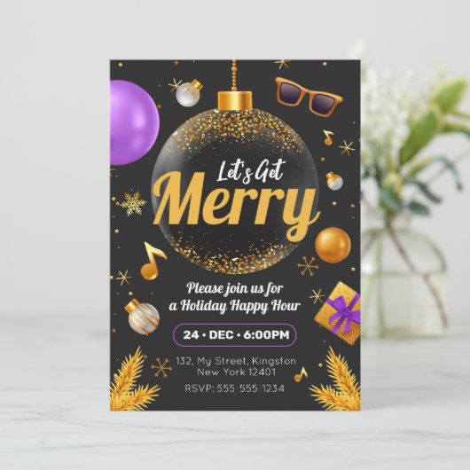 Gold und Lila Lasst uns frohen Weihnachtsspass bek Einladung (Stehend Vorderseite)