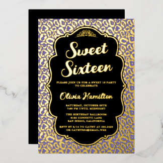 Gold und Lila Leopard Print Sweet 16 Folieneinladung