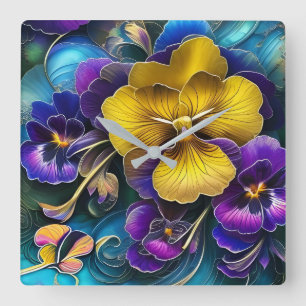 Gold und Lila Pansy Patch Quadratische Wanduhr