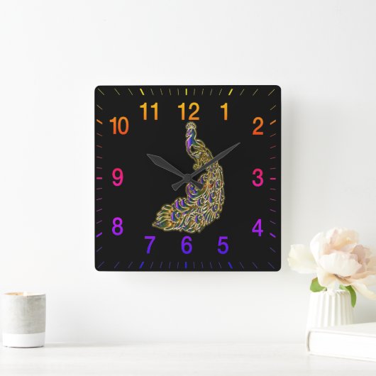 Gold und lila Pfau glitzern hell Quadratische Wanduhr (Zuhause)