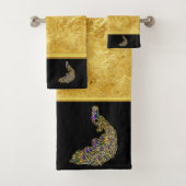 Gold- und lila Pfauengoldfolie mit schwarz Badhandtuch Set (Insitu)