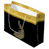 Gold- und lila Pfauengoldfolie mit schwarz Große Geschenktüte (Vorderseite Schrägansicht)