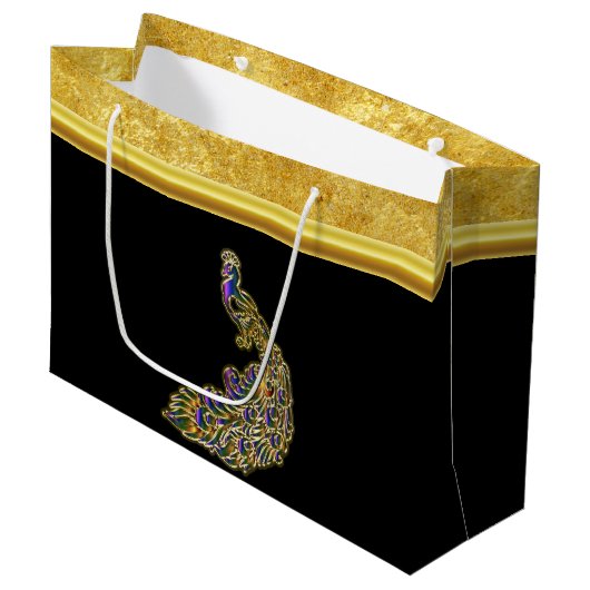 Gold- und lila Pfauengoldfolie mit schwarz Große Geschenktüte (Vorderseite Schrägansicht)
