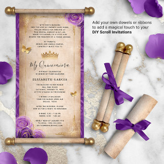 Gold und Lila Quinceanera DIY Scroll Einladungen