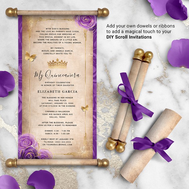 Gold und Lila Quinceanera DIY Scroll Einladungen (DIY scrolls do not come with dowels. Add your own or roll up with a ribbon for an elegant touch!)