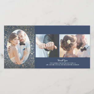 Gold-und Marine-danken BlumenFoto-Hochzeit Ihnen Dankeskarte