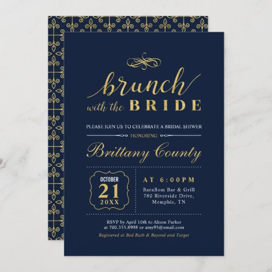 Gold und Marine | Elegant Wedding Bridal Brunch Du Einladung (Vorne/Hinten)
