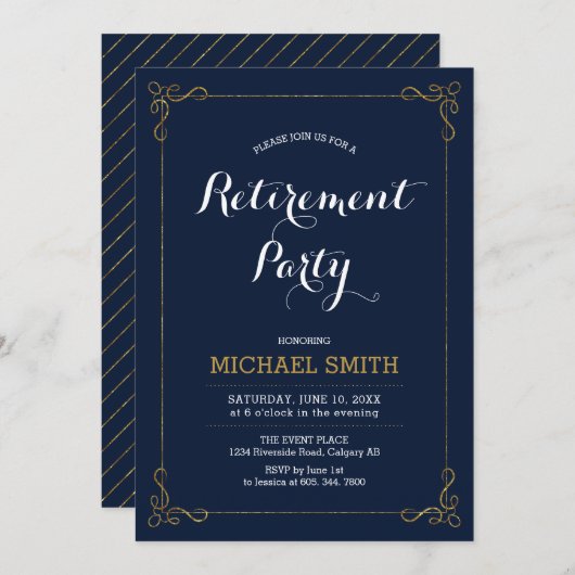 Gold und Marine | Elegantes Classy Rentirement Par Einladung (Vorne/Hinten)
