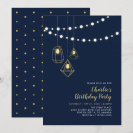 Gold und Marine | Modern String Lights Birthday Pa Einladung