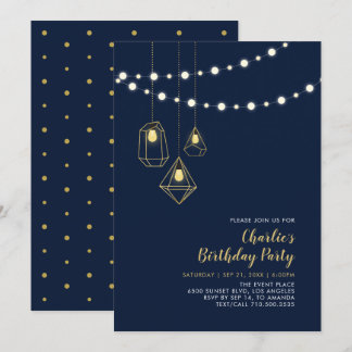 Gold und Marine | Modern String Lights Birthday Pa Einladung