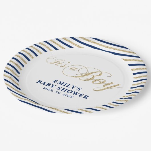 Gold und Marine | Moderne Babydusche Party Plättch Pappteller (Schrägansicht)