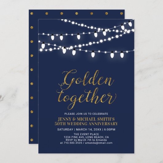 Gold und Marine | Modernes 50. Hochzeitstag Einladung (Vorne/Hinten)