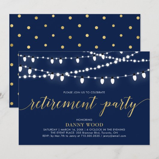 Gold und Marine | Modernes Chic Retirement Party Einladung (Vorne/Hinten)